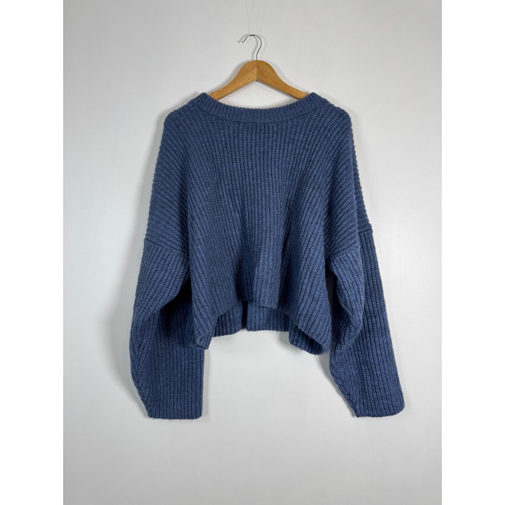 Boho H&M Women XL Cropped Ribbed Knit Sweater Blue Alpaca Wool Blend Pullover